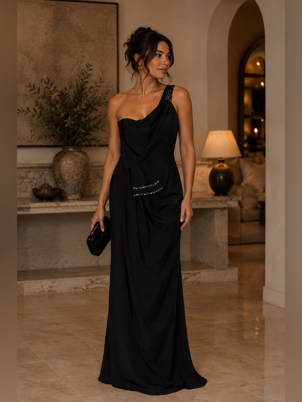 Mikael Aghal Y2K Vintage One Shoulder Evening Black Beaded Slit Formal Dress 4